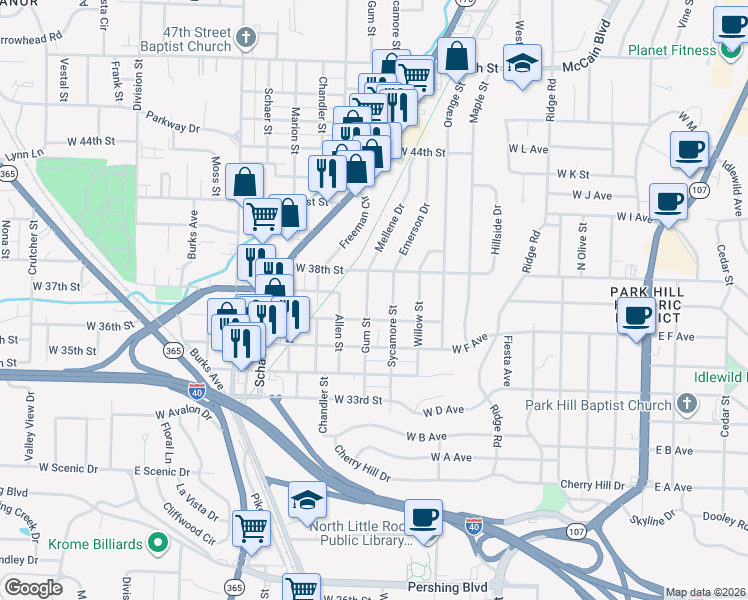map of restaurants, bars, coffee shops, grocery stores, and more near 3613 Gum Street in North Little Rock