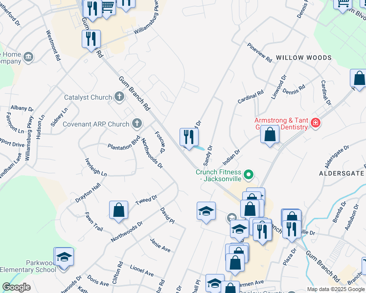 map of restaurants, bars, coffee shops, grocery stores, and more near 1900 Gum Branch Road in Jacksonville