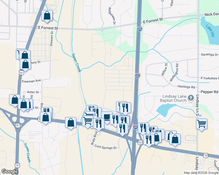 map of restaurants, bars, coffee shops, grocery stores, and more near 411 Brookwood Road in Athens