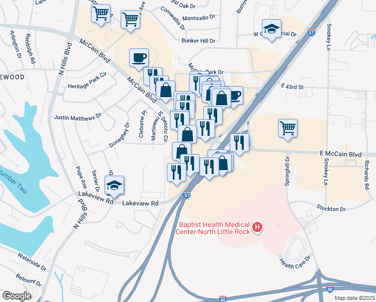 map of restaurants, bars, coffee shops, grocery stores, and more near 4000 McCain Boulevard in North Little Rock