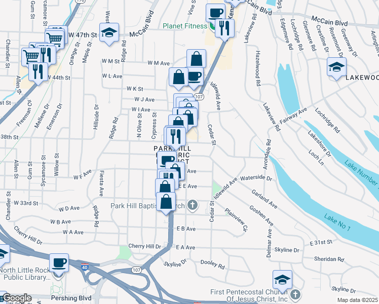 map of restaurants, bars, coffee shops, grocery stores, and more near 201 East G Avenue in North Little Rock