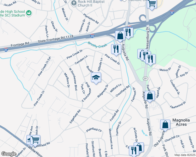 map of restaurants, bars, coffee shops, grocery stores, and more near 11 Brookforest Drive in Greenville