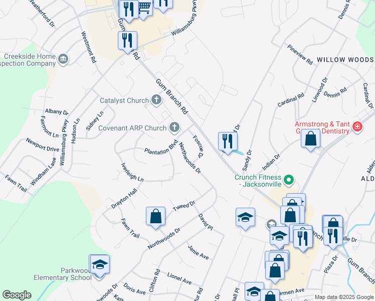 map of restaurants, bars, coffee shops, grocery stores, and more near 2459 Northwoods Drive in Jacksonville
