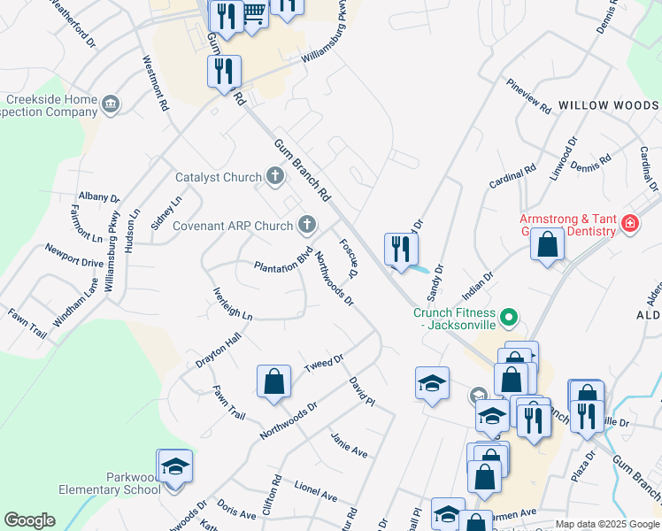 map of restaurants, bars, coffee shops, grocery stores, and more near 2459 Northwoods Drive in Jacksonville