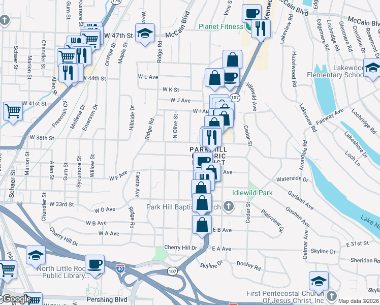 map of restaurants, bars, coffee shops, grocery stores, and more near 209 West G Avenue in North Little Rock