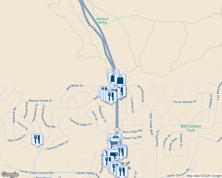map of restaurants, bars, coffee shops, grocery stores, and more near 20 Canyon Circle Drive in Sedona