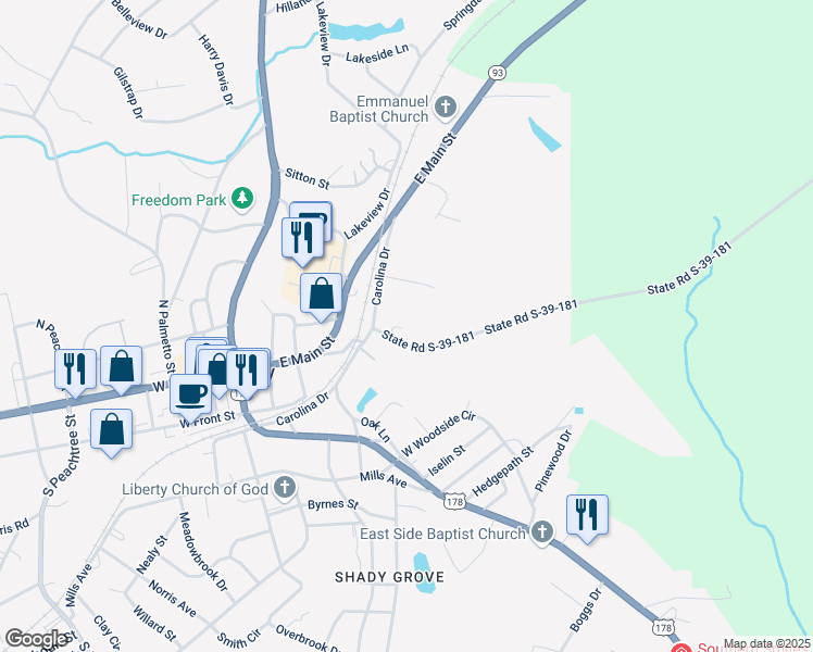 map of restaurants, bars, coffee shops, grocery stores, and more near 106 Garden Spot Circle in Liberty