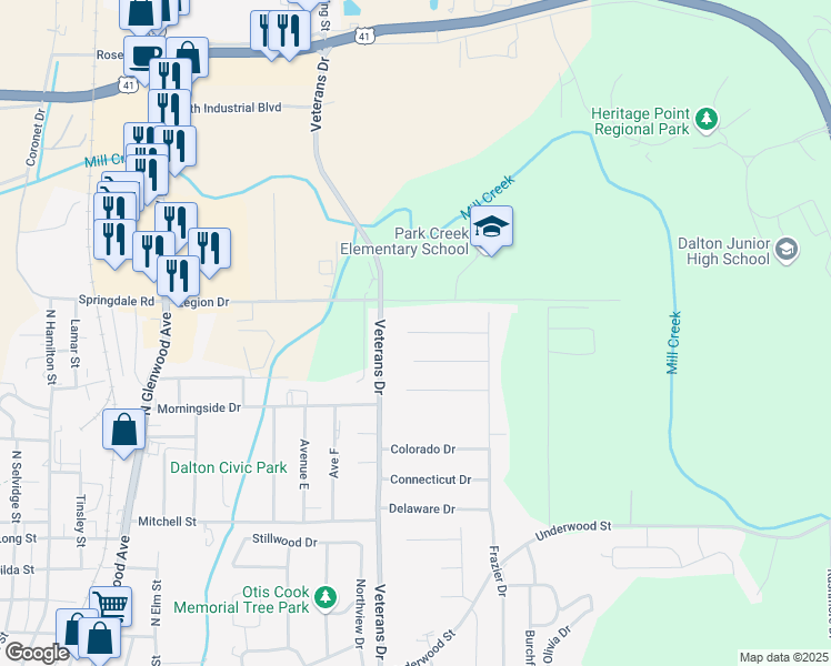 map of restaurants, bars, coffee shops, grocery stores, and more near 1000 Alabama Drive in Dalton