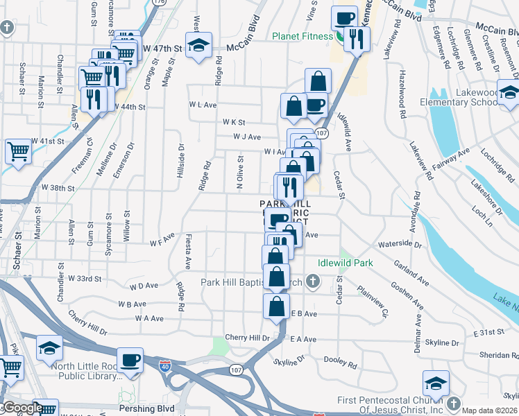 map of restaurants, bars, coffee shops, grocery stores, and more near 209 West G Avenue in North Little Rock