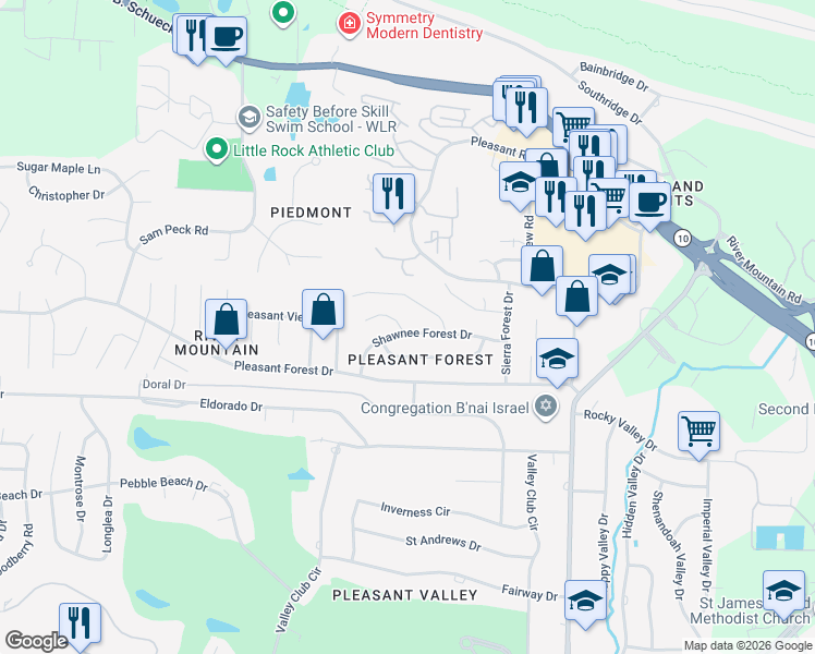 map of restaurants, bars, coffee shops, grocery stores, and more near 8 Shawnee Forest Cove in Little Rock