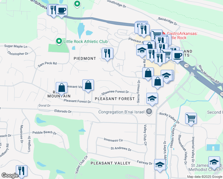 map of restaurants, bars, coffee shops, grocery stores, and more near 8 Shawnee Forest Cove in Little Rock