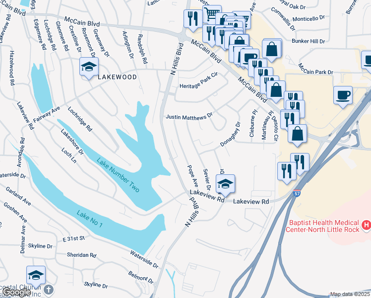 map of restaurants, bars, coffee shops, grocery stores, and more near 3608 Pope Avenue in North Little Rock