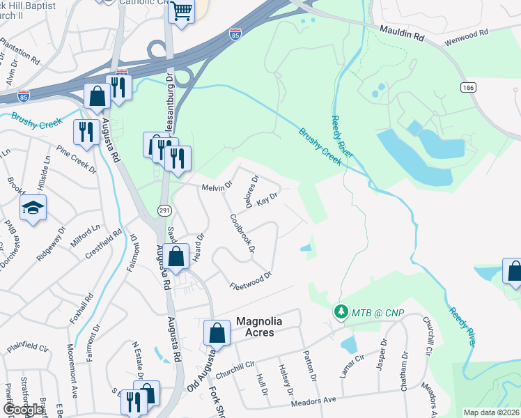 map of restaurants, bars, coffee shops, grocery stores, and more near 14 Kay Drive in Greenville