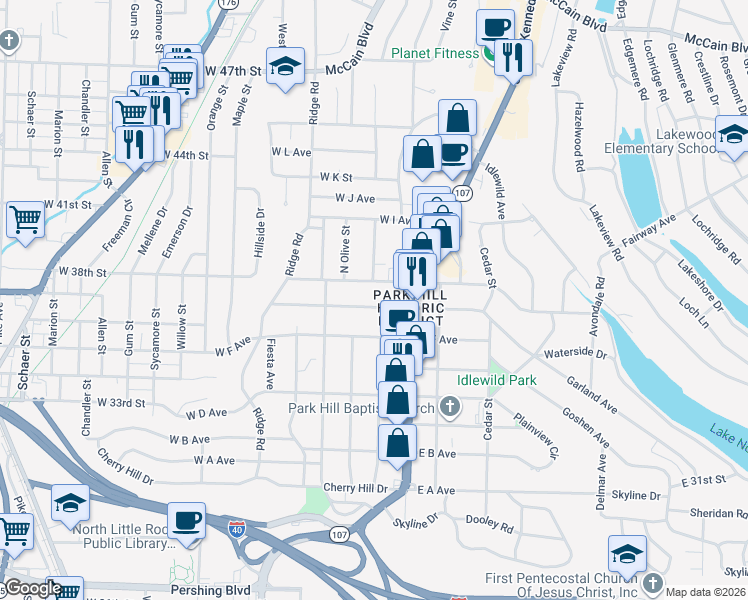 map of restaurants, bars, coffee shops, grocery stores, and more near 209 West G Avenue in North Little Rock