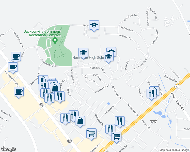 map of restaurants, bars, coffee shops, grocery stores, and more near 123 Durbin Lane in Jacksonville