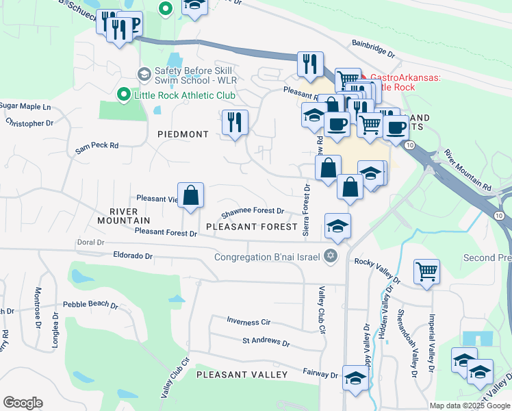 map of restaurants, bars, coffee shops, grocery stores, and more near 12106 Shawnee Forest Drive in Little Rock