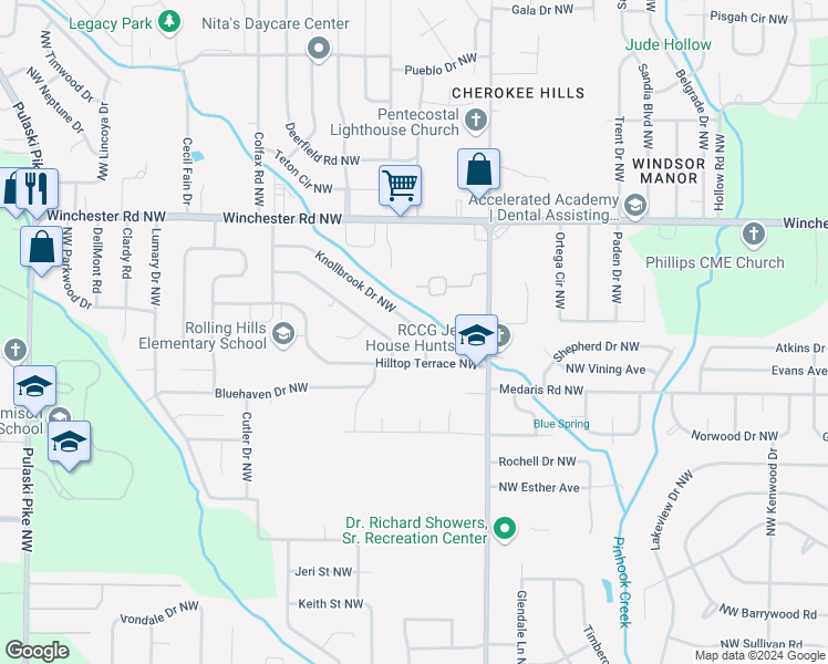 map of restaurants, bars, coffee shops, grocery stores, and more near 4009 Knollbrook Drive Northwest in Huntsville