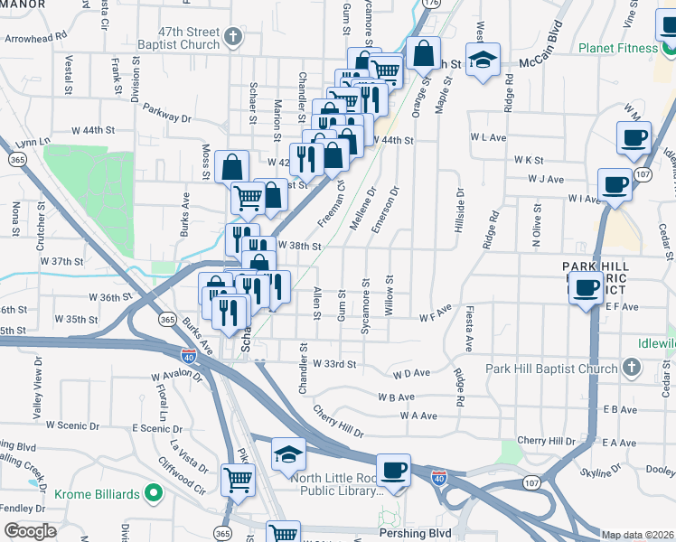 map of restaurants, bars, coffee shops, grocery stores, and more near 3611 Gum Street in North Little Rock