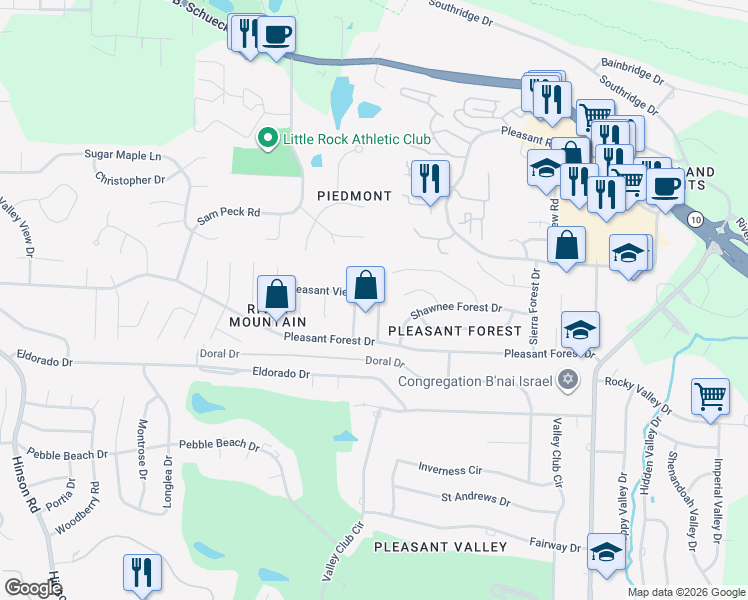 map of restaurants, bars, coffee shops, grocery stores, and more near 12503 Pleasant View Drive in Little Rock