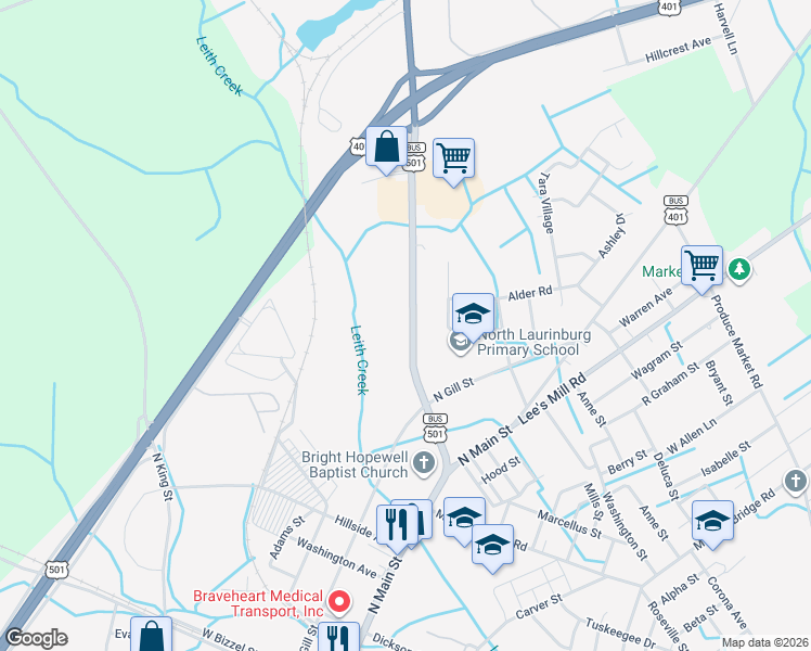 map of restaurants, bars, coffee shops, grocery stores, and more near 903 Aberdeen Road in Laurinburg