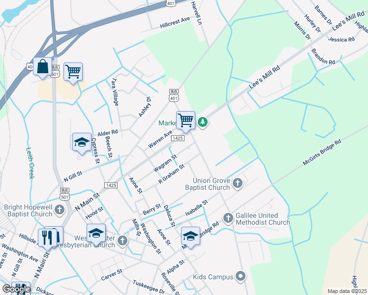 map of restaurants, bars, coffee shops, grocery stores, and more near 602 Wagram Street in Laurinburg