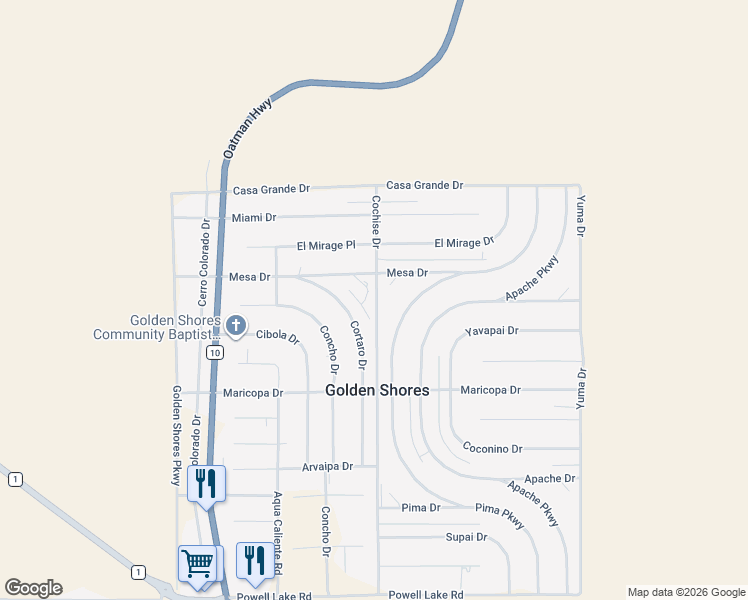 map of restaurants, bars, coffee shops, grocery stores, and more near 12630 Mesa Place in Topock