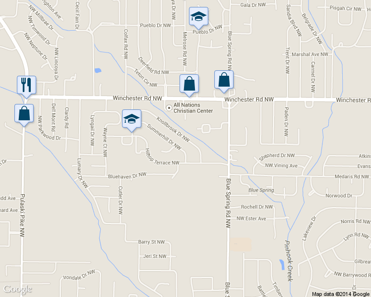 map of restaurants, bars, coffee shops, grocery stores, and more near 4006 Summerhill Drive Northwest in Huntsville
