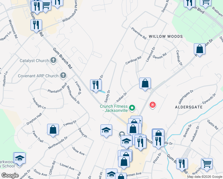 map of restaurants, bars, coffee shops, grocery stores, and more near 132 Sandy Drive in Jacksonville