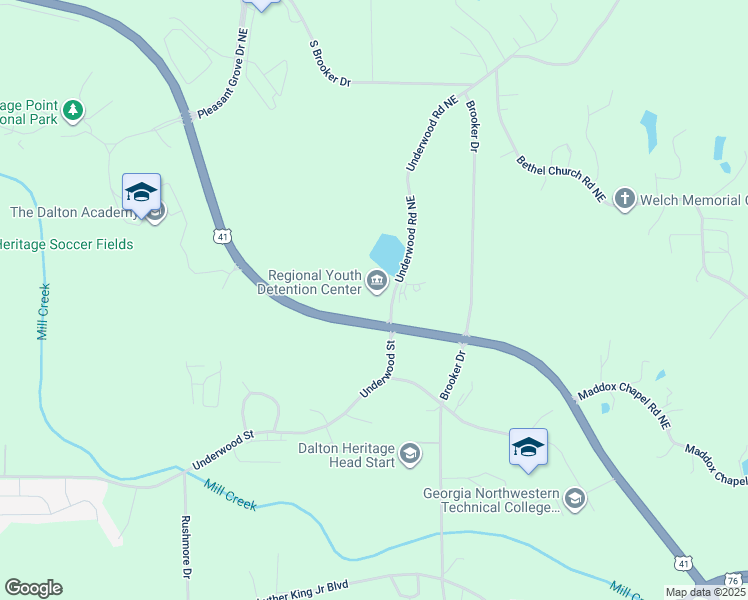 map of restaurants, bars, coffee shops, grocery stores, and more near 2735 Underwood Road Northeast in Dalton