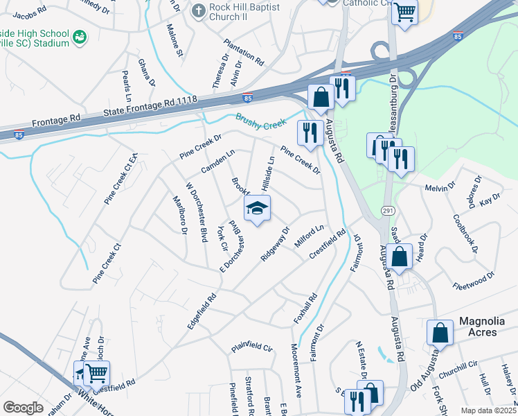 map of restaurants, bars, coffee shops, grocery stores, and more near 11 Brookforest Drive in Greenville