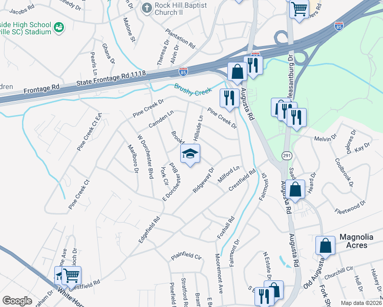 map of restaurants, bars, coffee shops, grocery stores, and more near 11 Brookforest Drive in Greenville