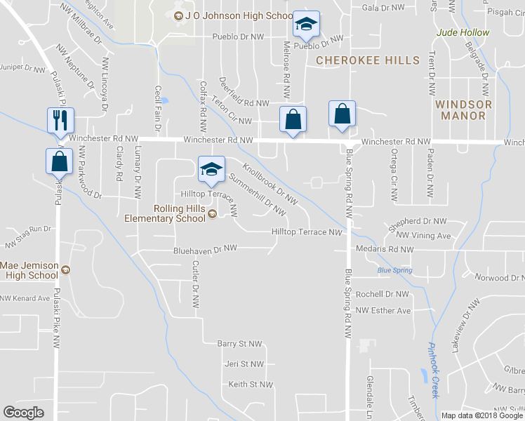 map of restaurants, bars, coffee shops, grocery stores, and more near 4027 Summerhill Place Northwest in Huntsville