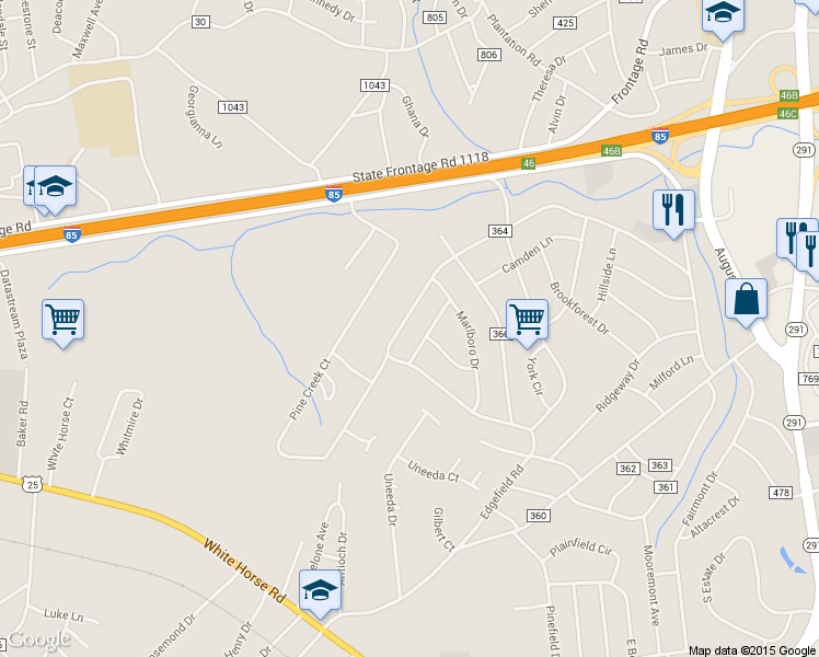 map of restaurants, bars, coffee shops, grocery stores, and more near 819 Pine Creek Drive in Greenville