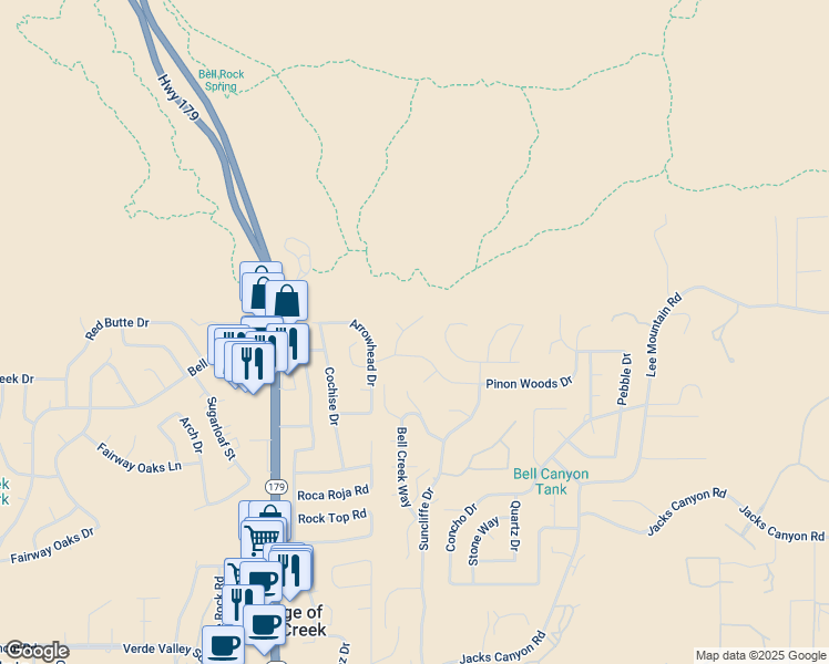 map of restaurants, bars, coffee shops, grocery stores, and more near 66 Ponderosa Road in Sedona