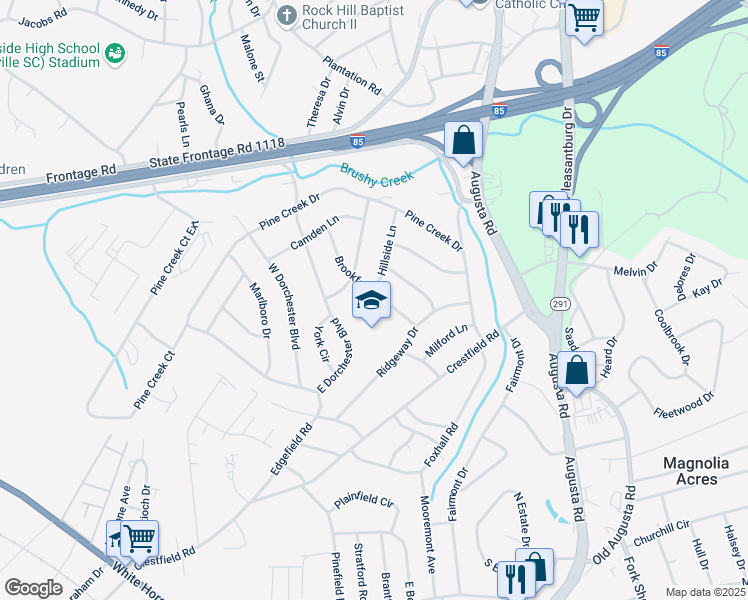 map of restaurants, bars, coffee shops, grocery stores, and more near 11 Brookforest Drive in Greenville