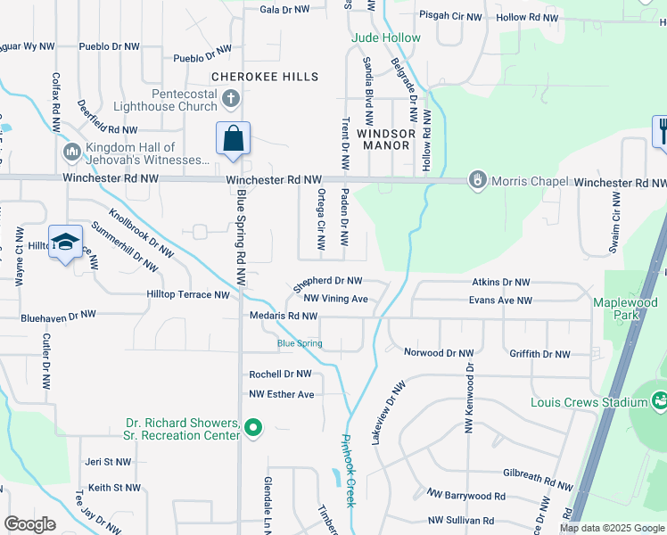 map of restaurants, bars, coffee shops, grocery stores, and more near 2400 Larkwood Circle Northwest in Huntsville