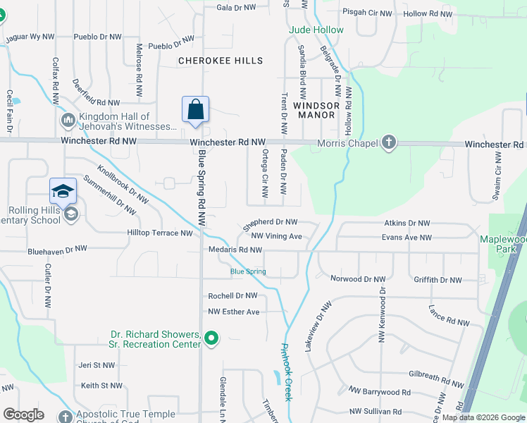 map of restaurants, bars, coffee shops, grocery stores, and more near 5036 Ortega Circle Northwest in Huntsville