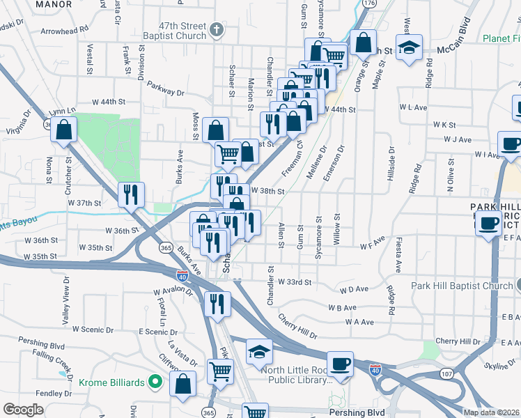 map of restaurants, bars, coffee shops, grocery stores, and more near 824 West 37th Street in North Little Rock