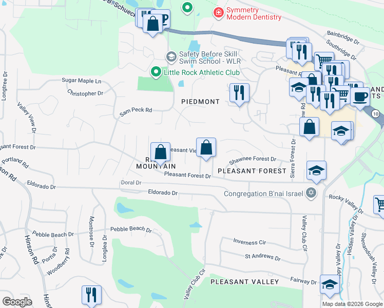 map of restaurants, bars, coffee shops, grocery stores, and more near 12621 Pleasant View Drive in Little Rock