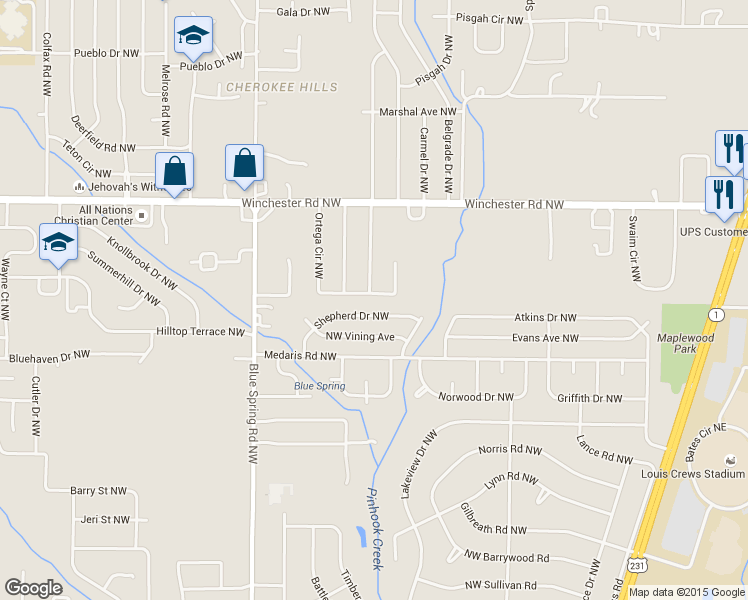 map of restaurants, bars, coffee shops, grocery stores, and more near 2400 Larkwood Circle Northwest in Huntsville