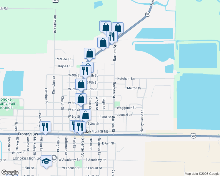 map of restaurants, bars, coffee shops, grocery stores, and more near 422 East 7th Street in Lonoke