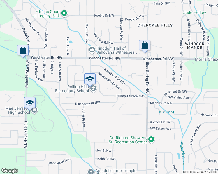 map of restaurants, bars, coffee shops, grocery stores, and more near 4027 Summerhill Place Northwest in Huntsville