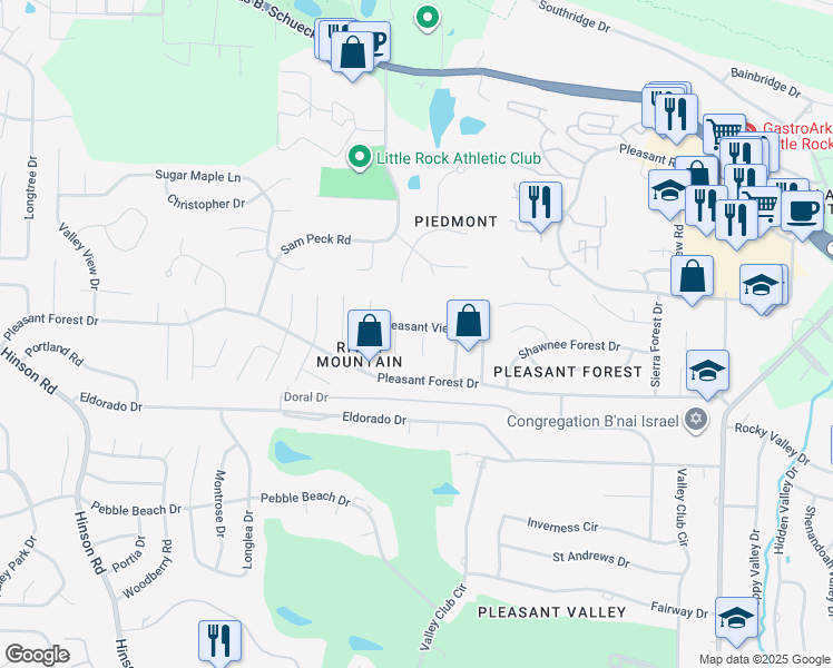 map of restaurants, bars, coffee shops, grocery stores, and more near 12621 Pleasant View Drive in Little Rock
