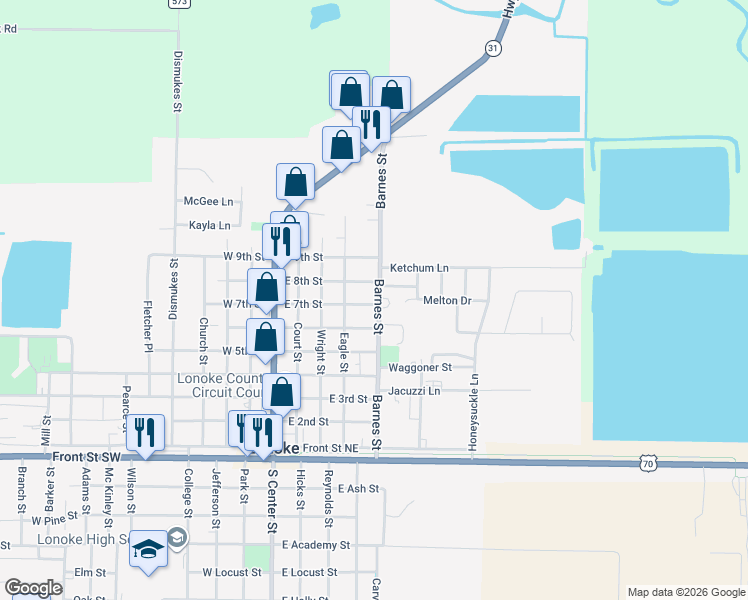 map of restaurants, bars, coffee shops, grocery stores, and more near 422 East 7th Street in Lonoke