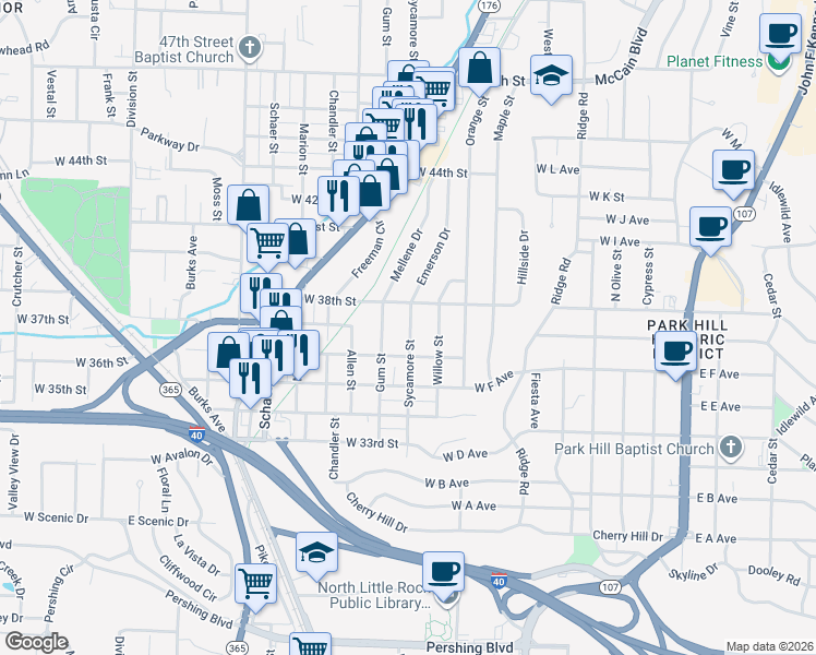 map of restaurants, bars, coffee shops, grocery stores, and more near 3703 Sycamore Street in North Little Rock