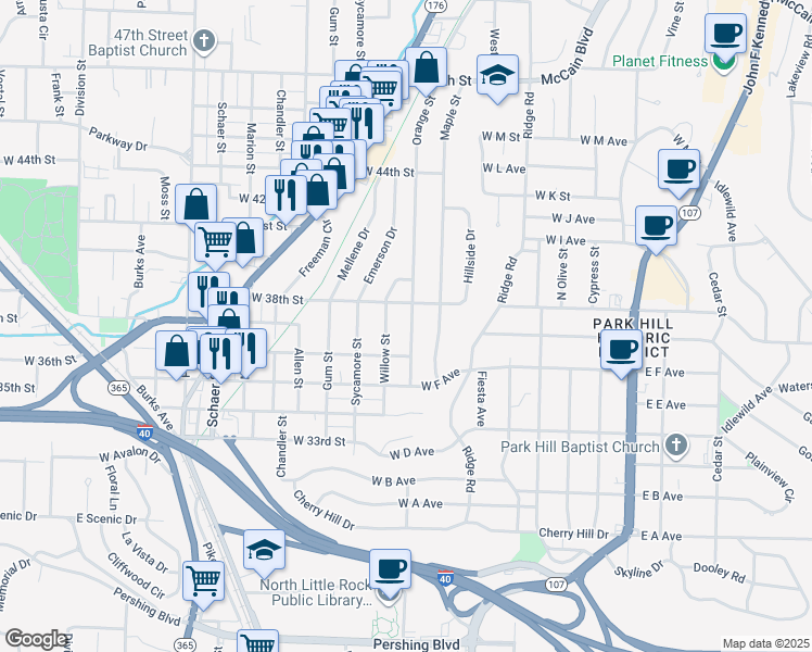 map of restaurants, bars, coffee shops, grocery stores, and more near 3625 Orange Street in North Little Rock