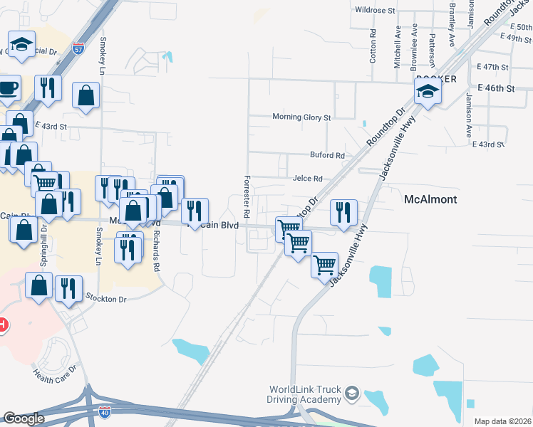 map of restaurants, bars, coffee shops, grocery stores, and more near 4825 East McCain Boulevard in North Little Rock