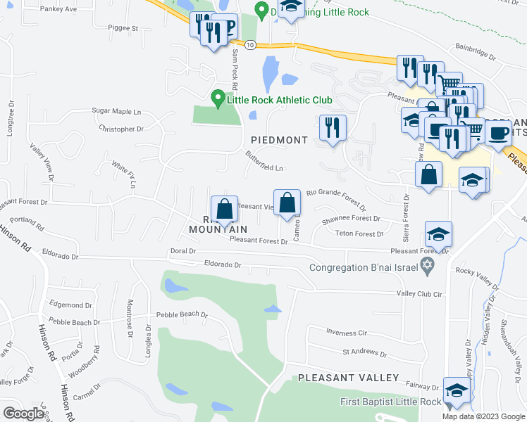 map of restaurants, bars, coffee shops, grocery stores, and more near 12605 Pleasant View Drive in Little Rock