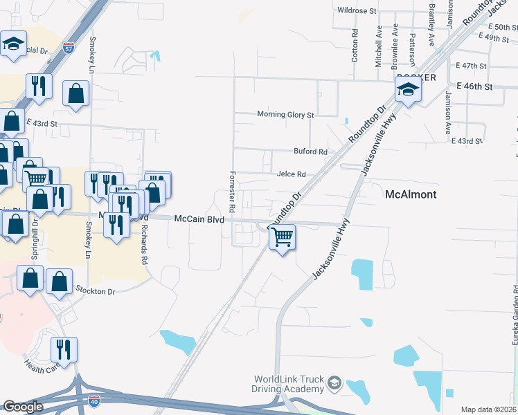 map of restaurants, bars, coffee shops, grocery stores, and more near 4825 East McCain Boulevard in North Little Rock
