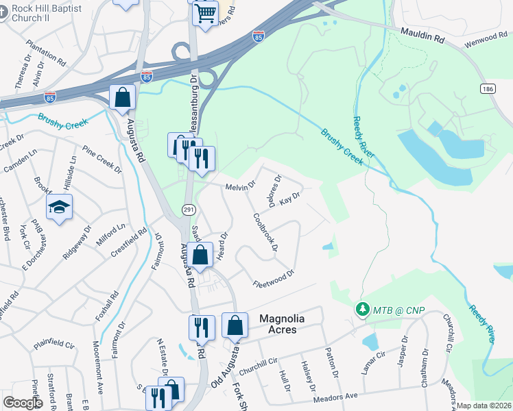 map of restaurants, bars, coffee shops, grocery stores, and more near 11 Coolbrook Drive in Greenville